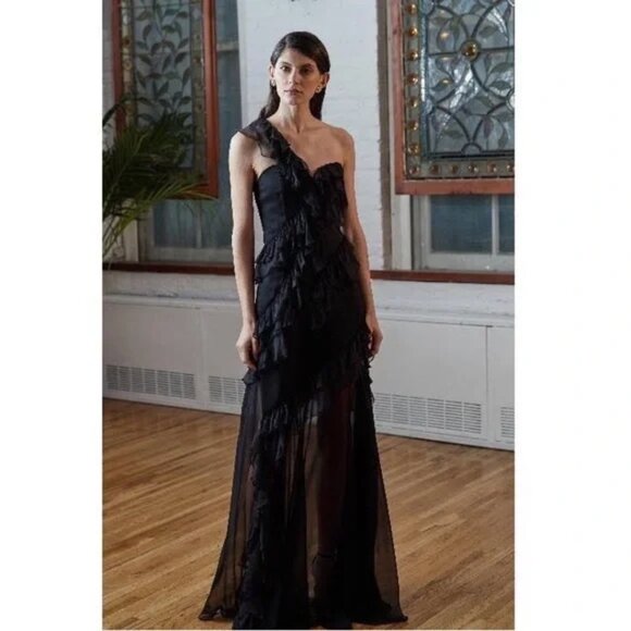 New AMUR Harlow Maxi Dress in Black Silk Sheer Formal One Shoulder Gown Size 4 - Picture 8 of 10